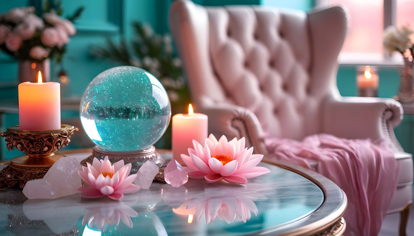 A crystal ball, an amethyst geode, several gemstones, 2 pink and 1 aqua colored candles burn on a table together.